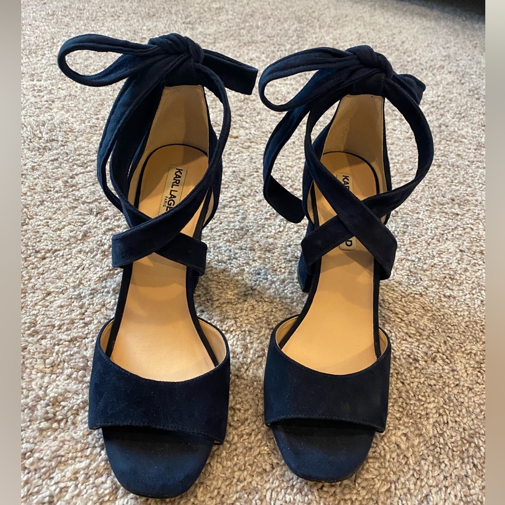Karl Lagerfeld Black Suede Ankle Tie Block Heel Sandals